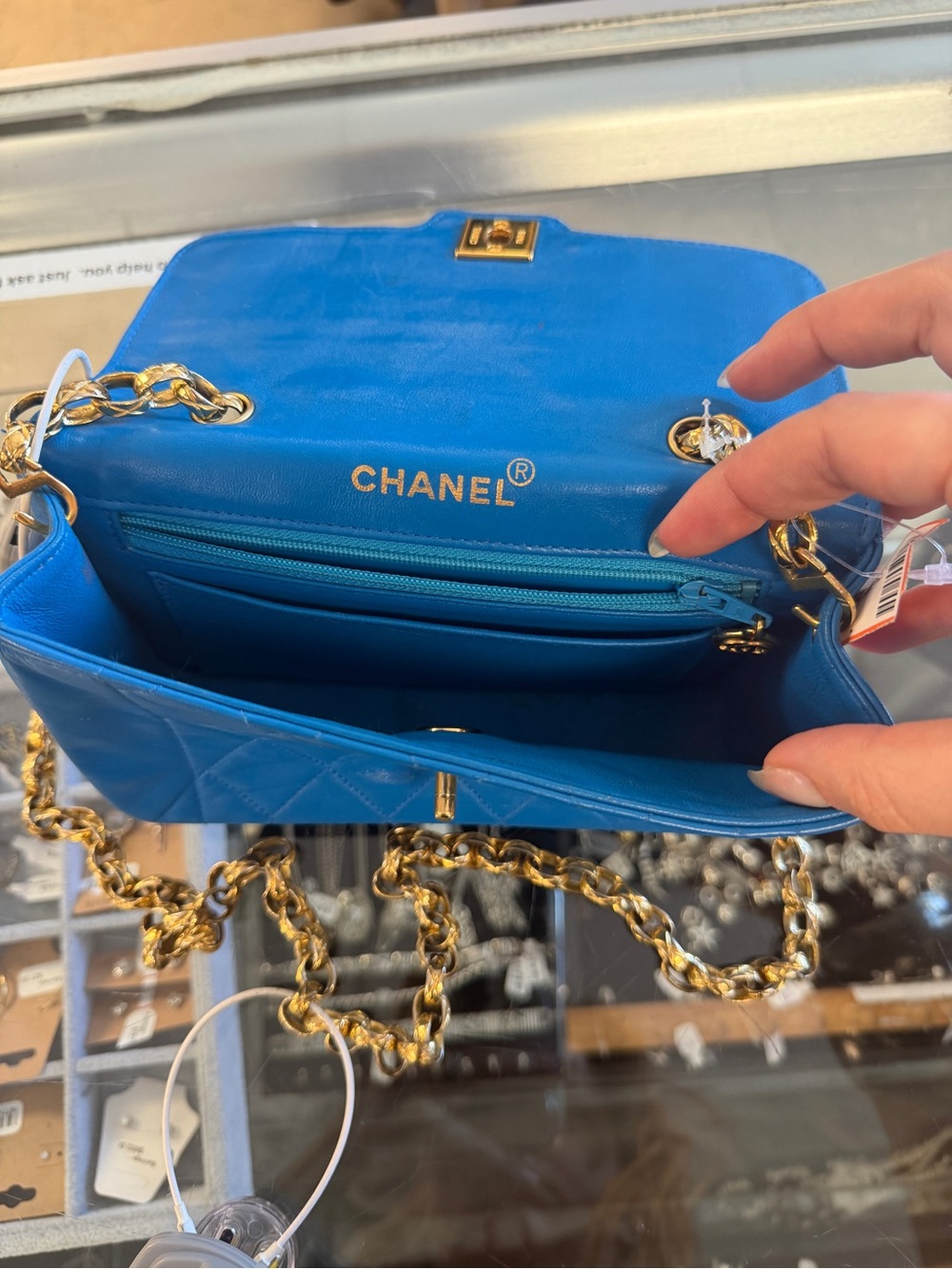 CHANEL Blue Quilted Lambskin Crossbody with Gold Chain - Picture 3 of 13